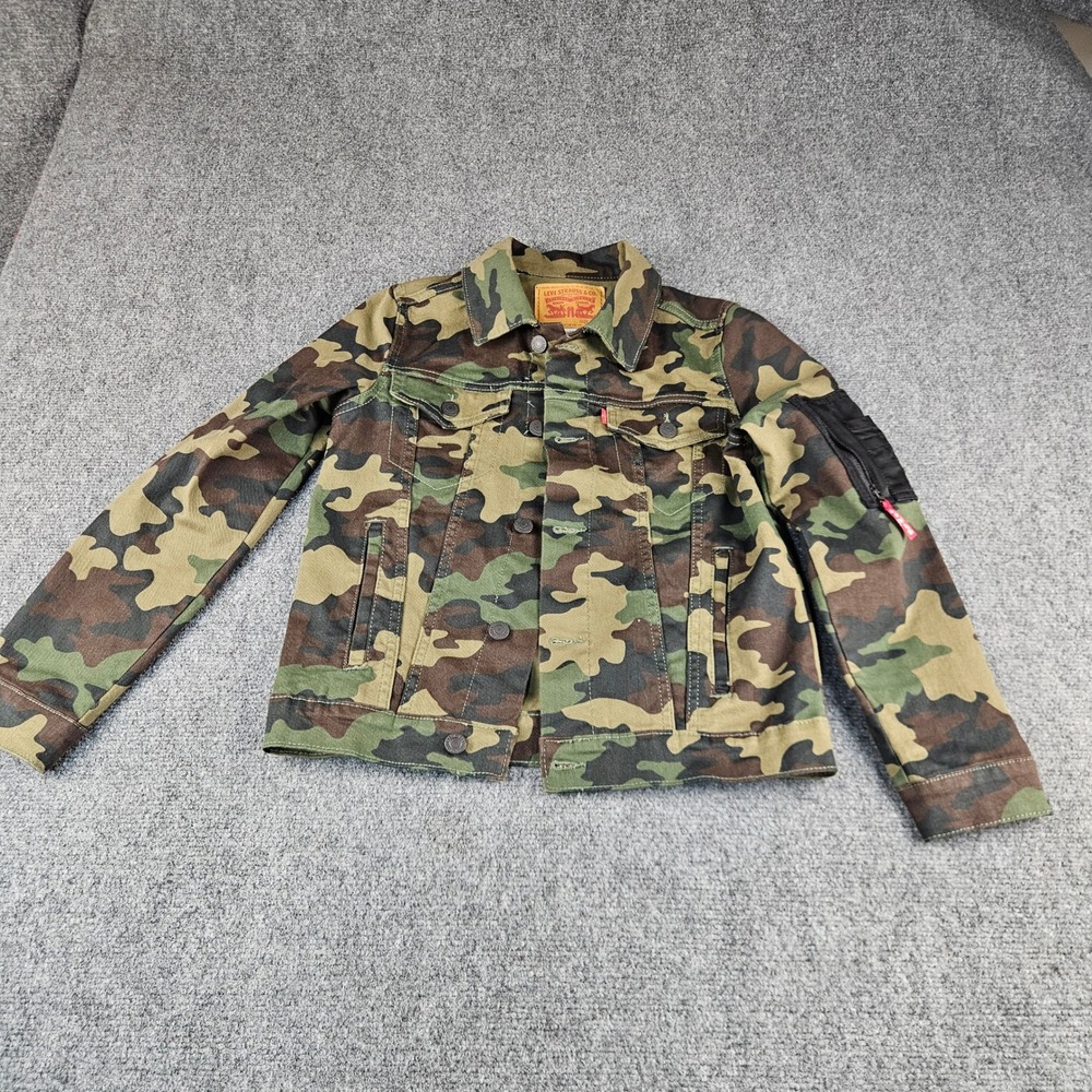 Levis Boys Camo Trucker Jacket Size M 10-12 Woodland Camouflage Denim